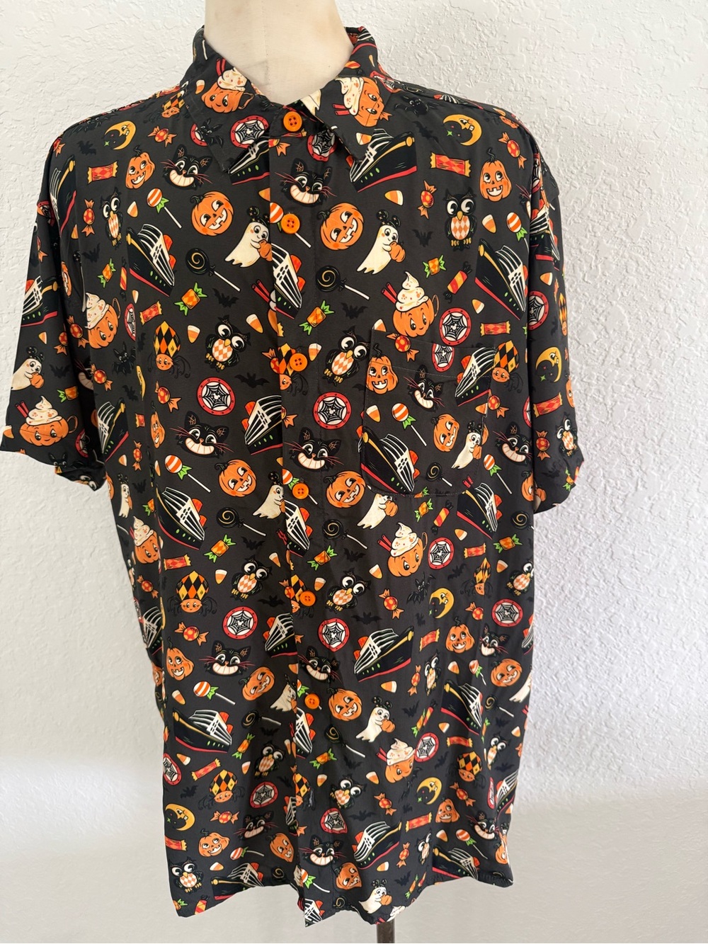 New Sz L Men's Short-Sleeve Halloween Print Button-Down Shirt - Black/Orange